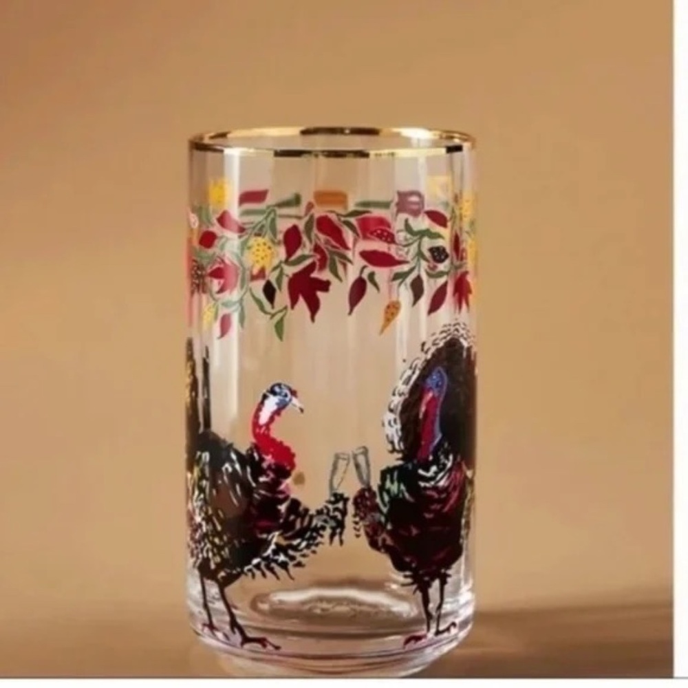 Set of 4 Anthropologie Inslee Farris Autumn's Bounty Turkey Drinking Glasses